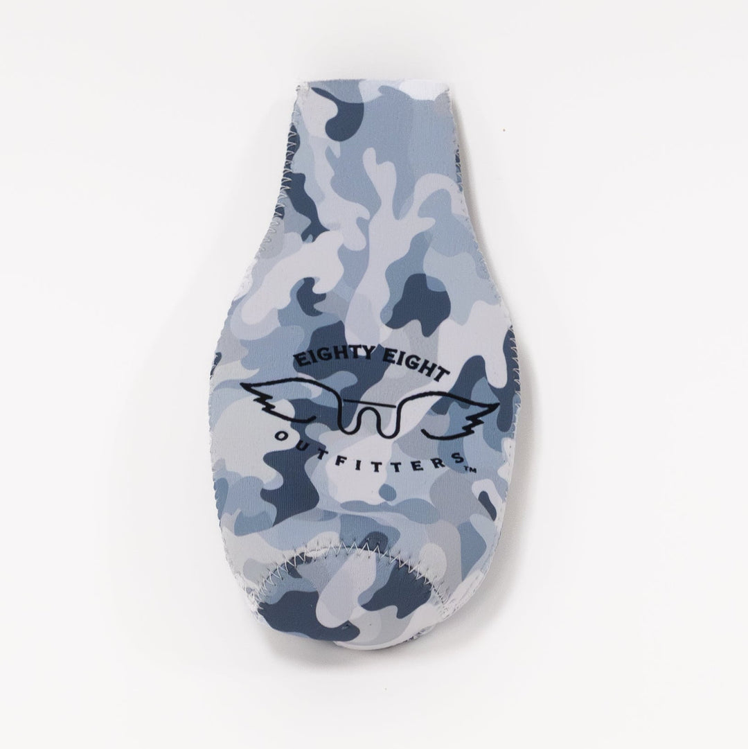 Blue camouflage-patterned sock on a white background