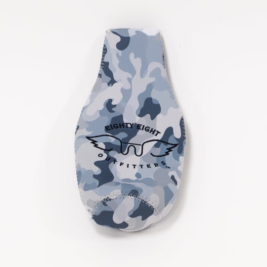 Blue camouflage-patterned sock on a white background