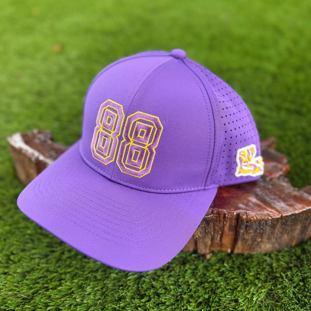 A purple baseball cap with a large gold and white outlined &