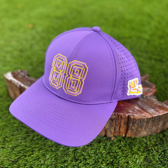 A purple baseball cap with a large gold and white outlined &
