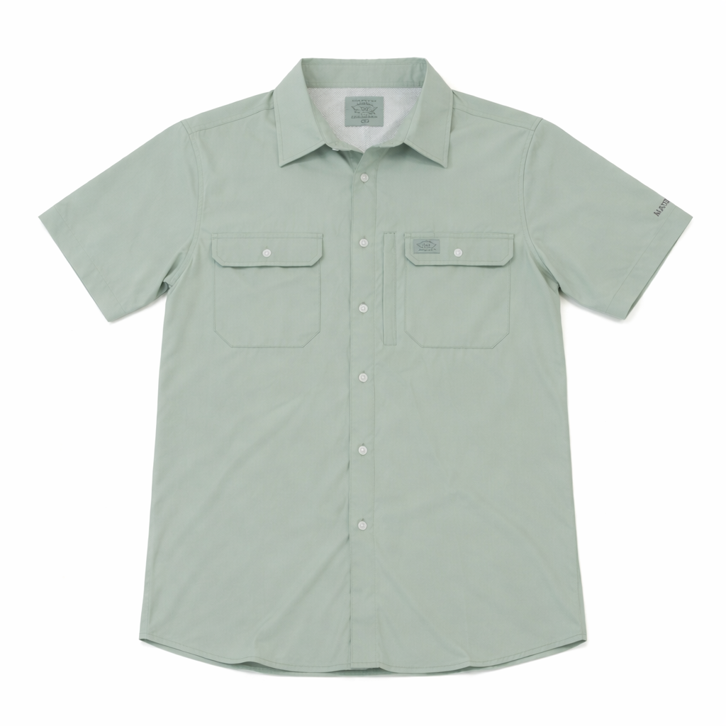 Light green short-sleeve shirt with two front pockets on a white background