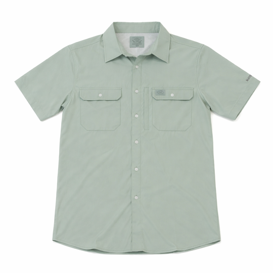 Light green short-sleeve shirt with two front pockets on a white background