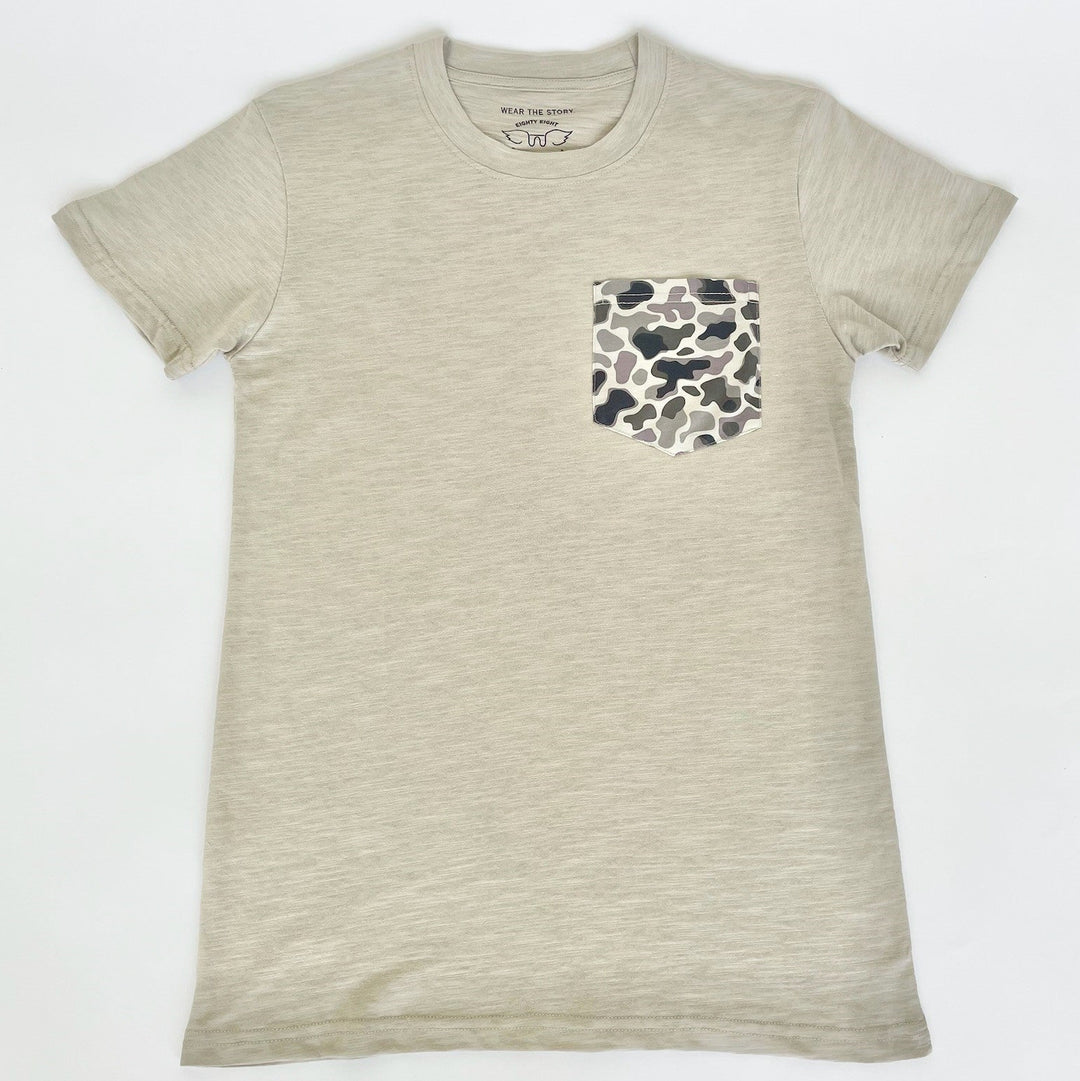 Beige t-shirt with a camouflage pocket on a white background