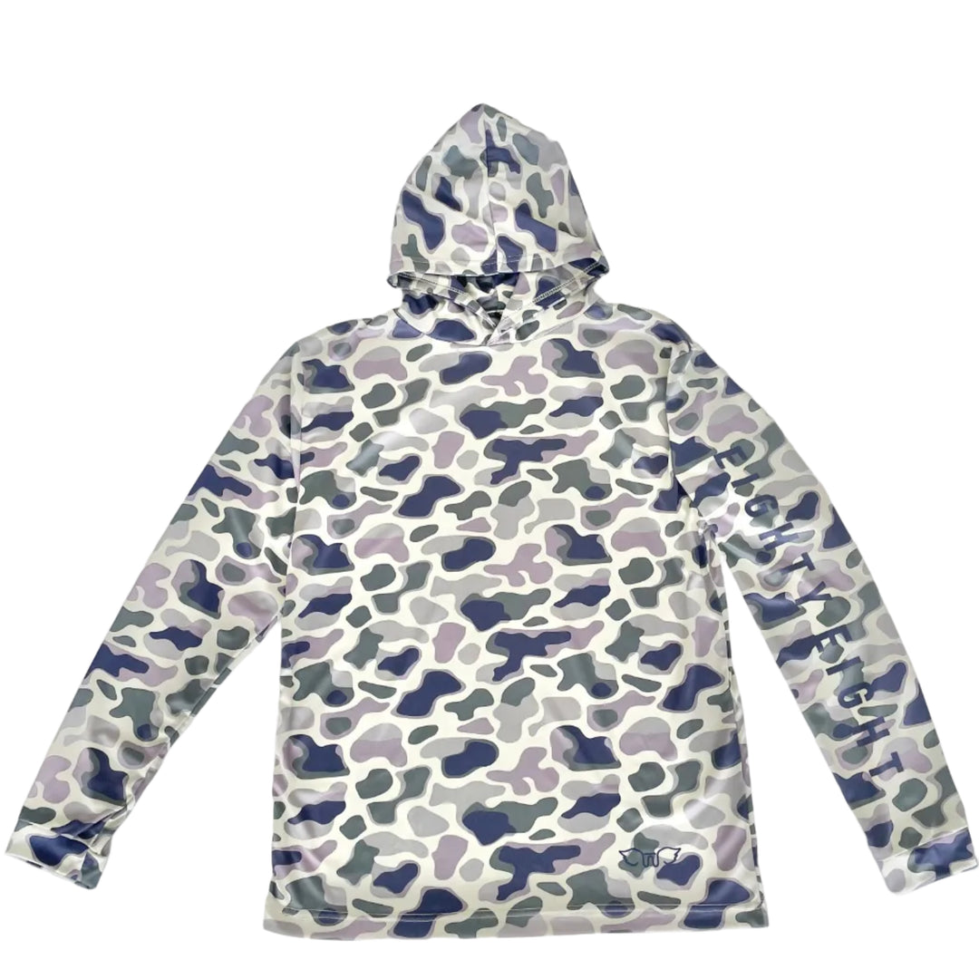 Camouflage-patterned hoodie on a white background