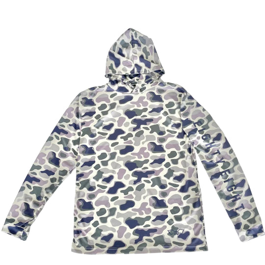 Camouflage-patterned hoodie on a white background