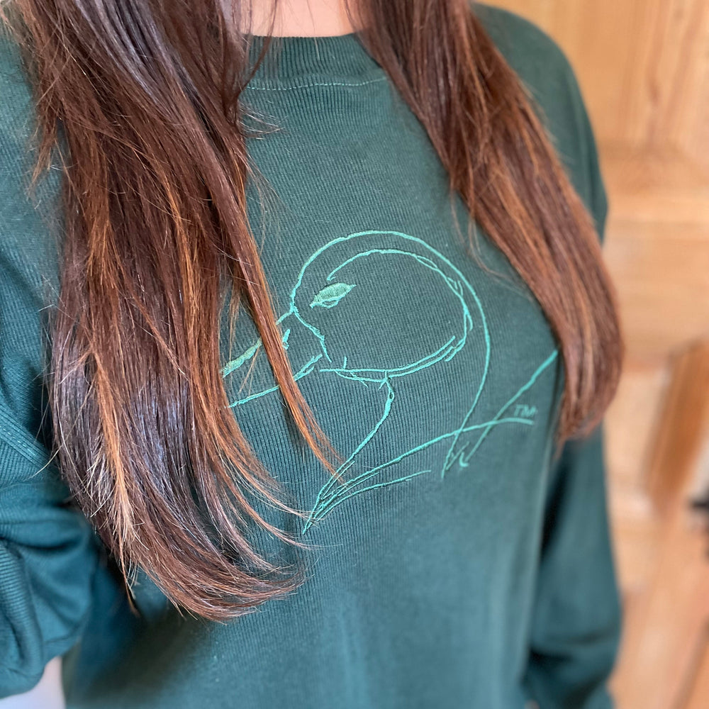 green corded sweatshirt with embroidery duck logo