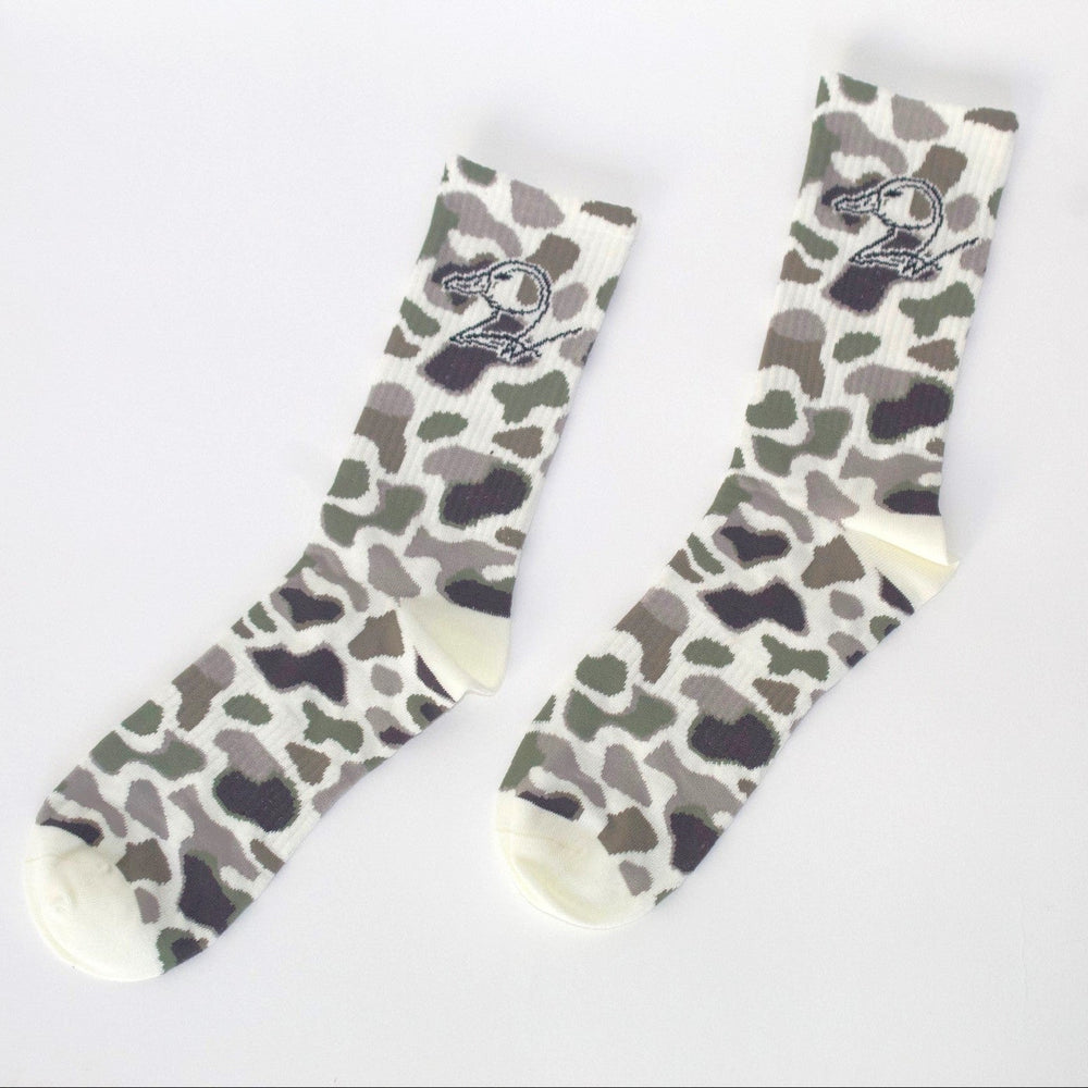 camo socks with duck logo on white background