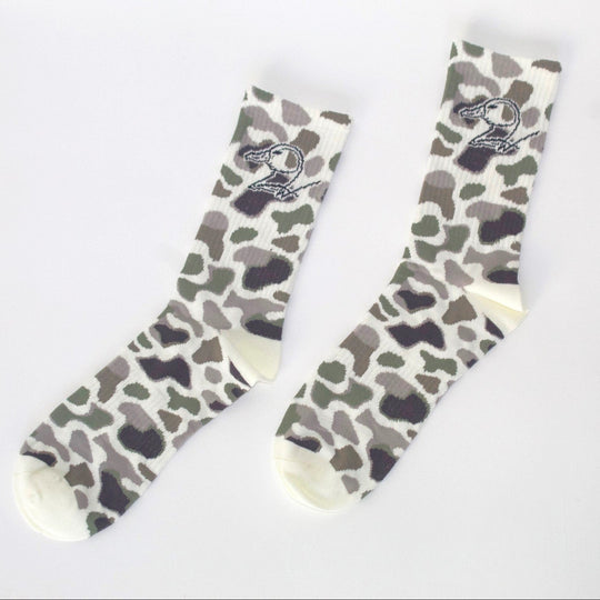 camo socks with duck logo on white background