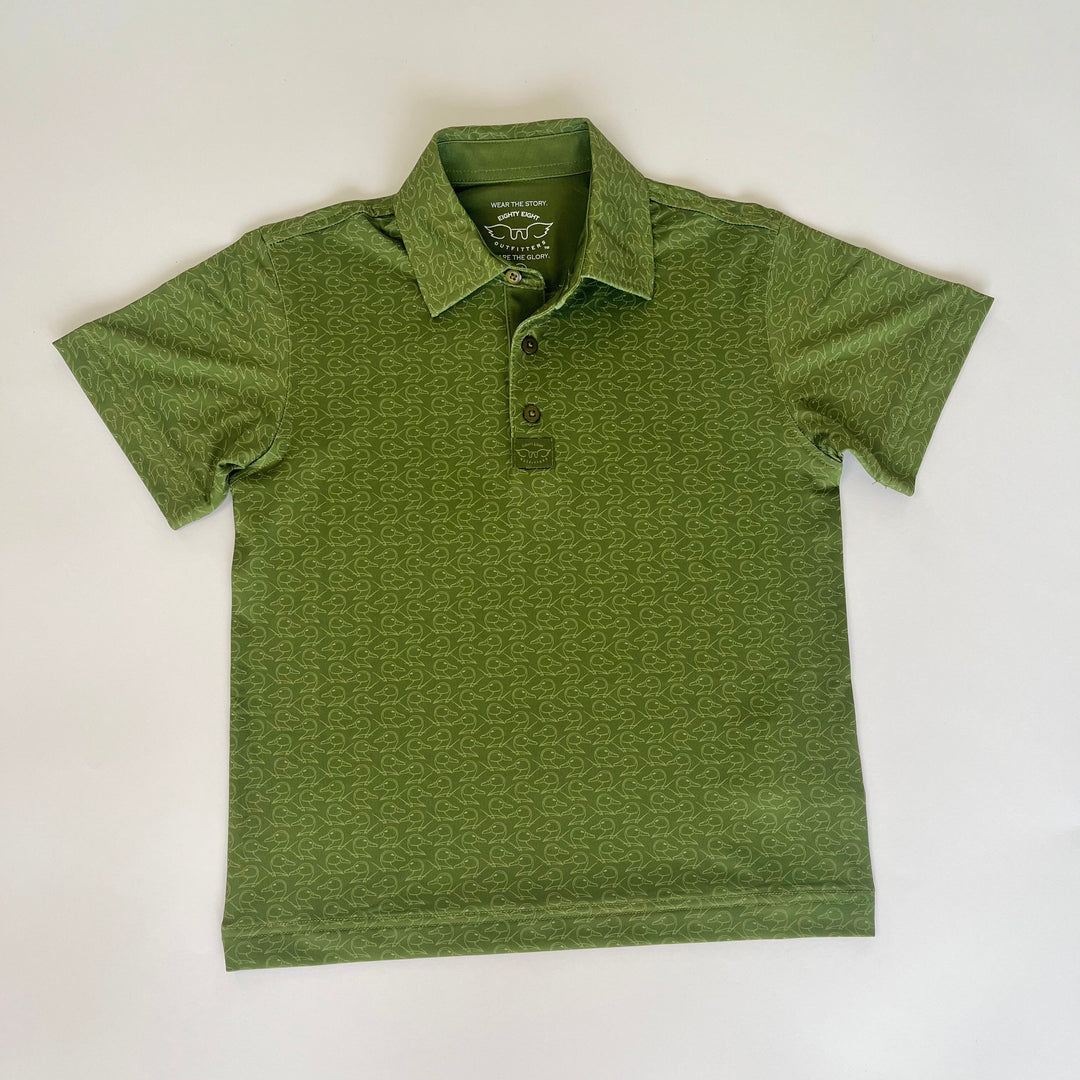 green youth polo with duck pattern on white background