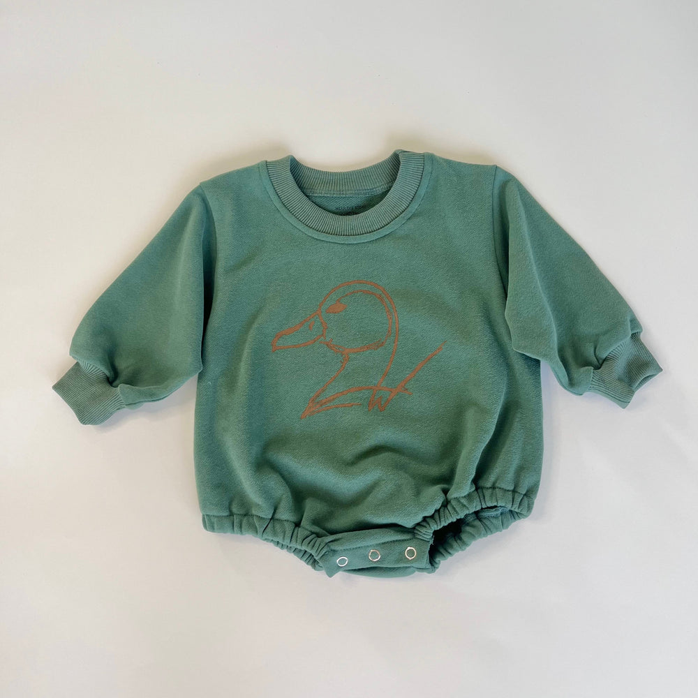 green long sleeve infant onesie with duck logo on white background