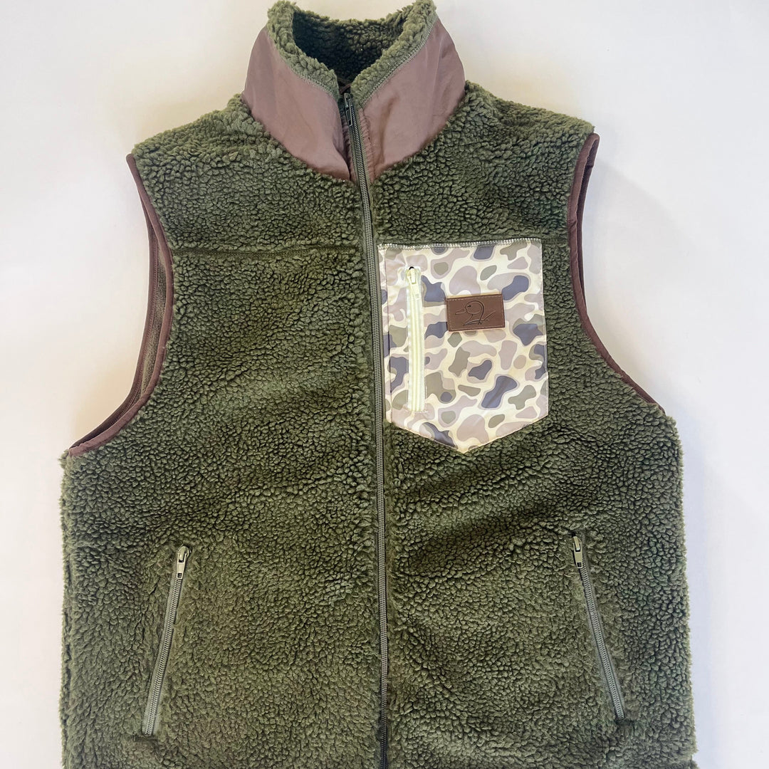 green fleece/sherpa vest with camo pocket