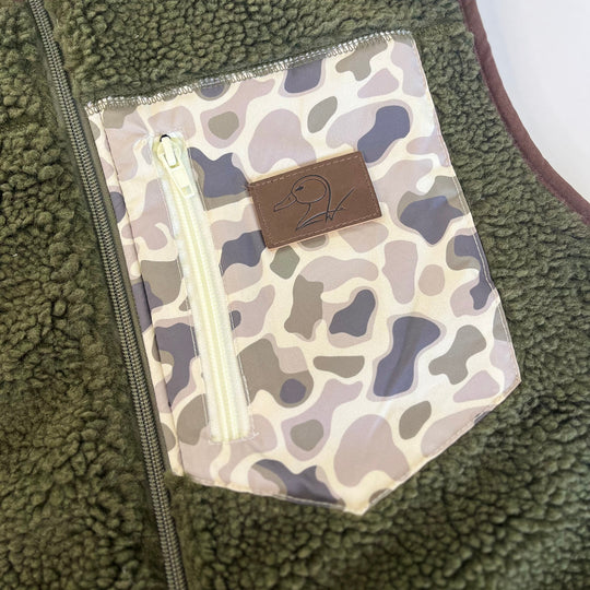 green fleece/sherpa vest with camo pocket