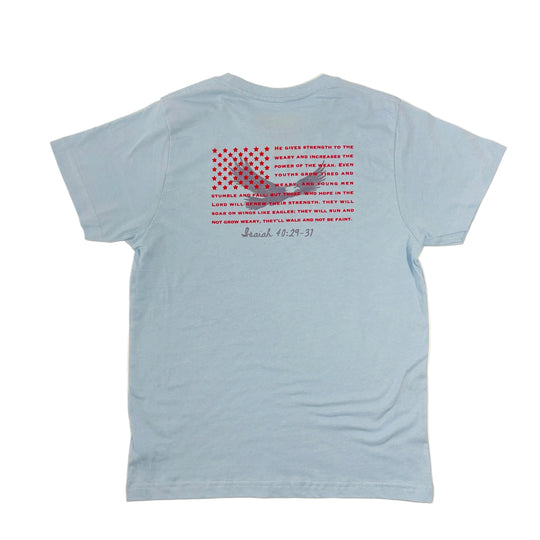 Light blue t-shirt with red and black text and design on the back against a beige background
