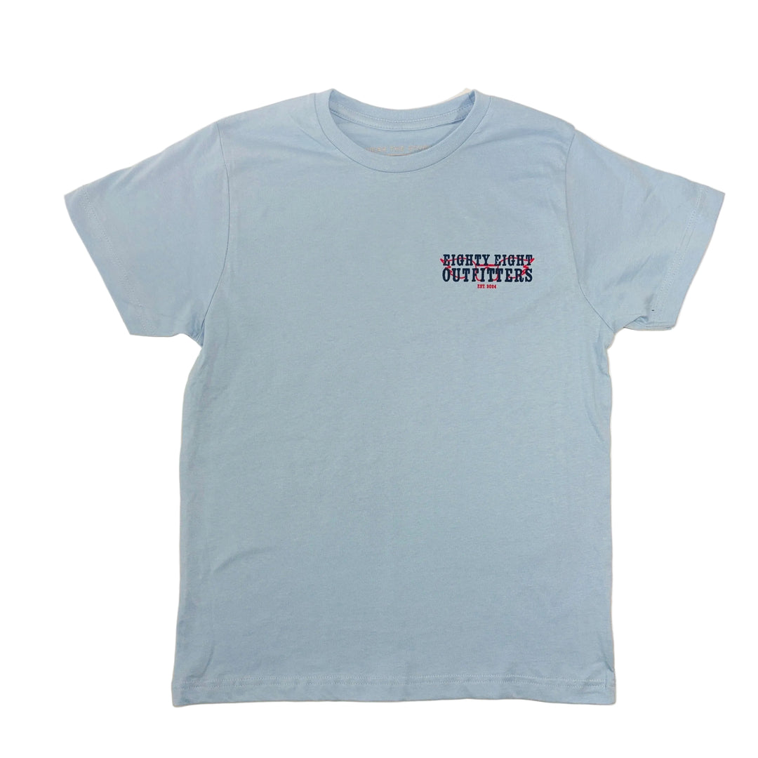 Light blue t-shirt with a logo on a beige background