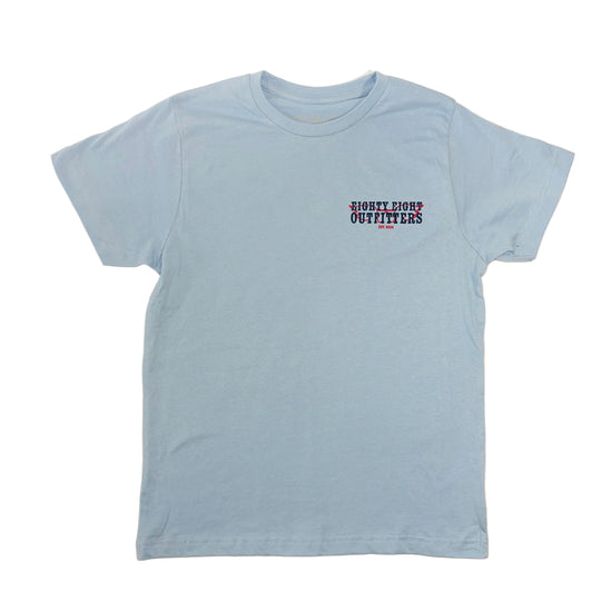 Light blue t-shirt with a logo on a beige background