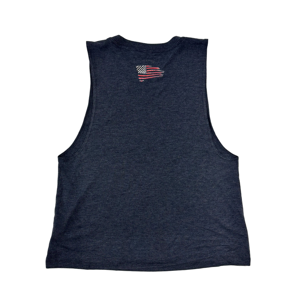 Black sleeveless shirt with an American flag design on a white background