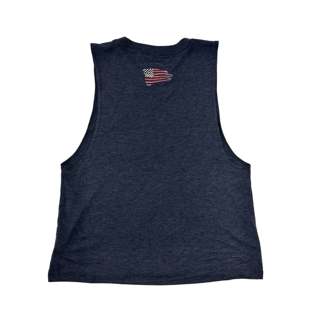 Black sleeveless shirt with an American flag design on a white background