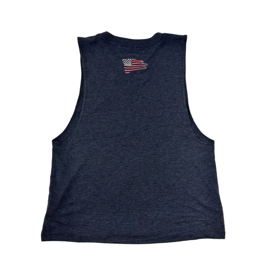 Black sleeveless shirt with an American flag design on a white background