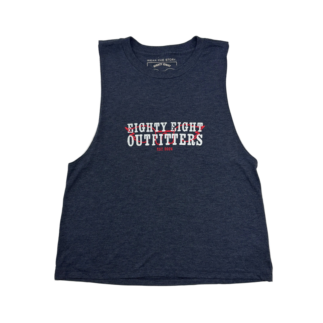 Navy sleeveless shirt with 'Eighty Eight Outfitters' text on a light gray background