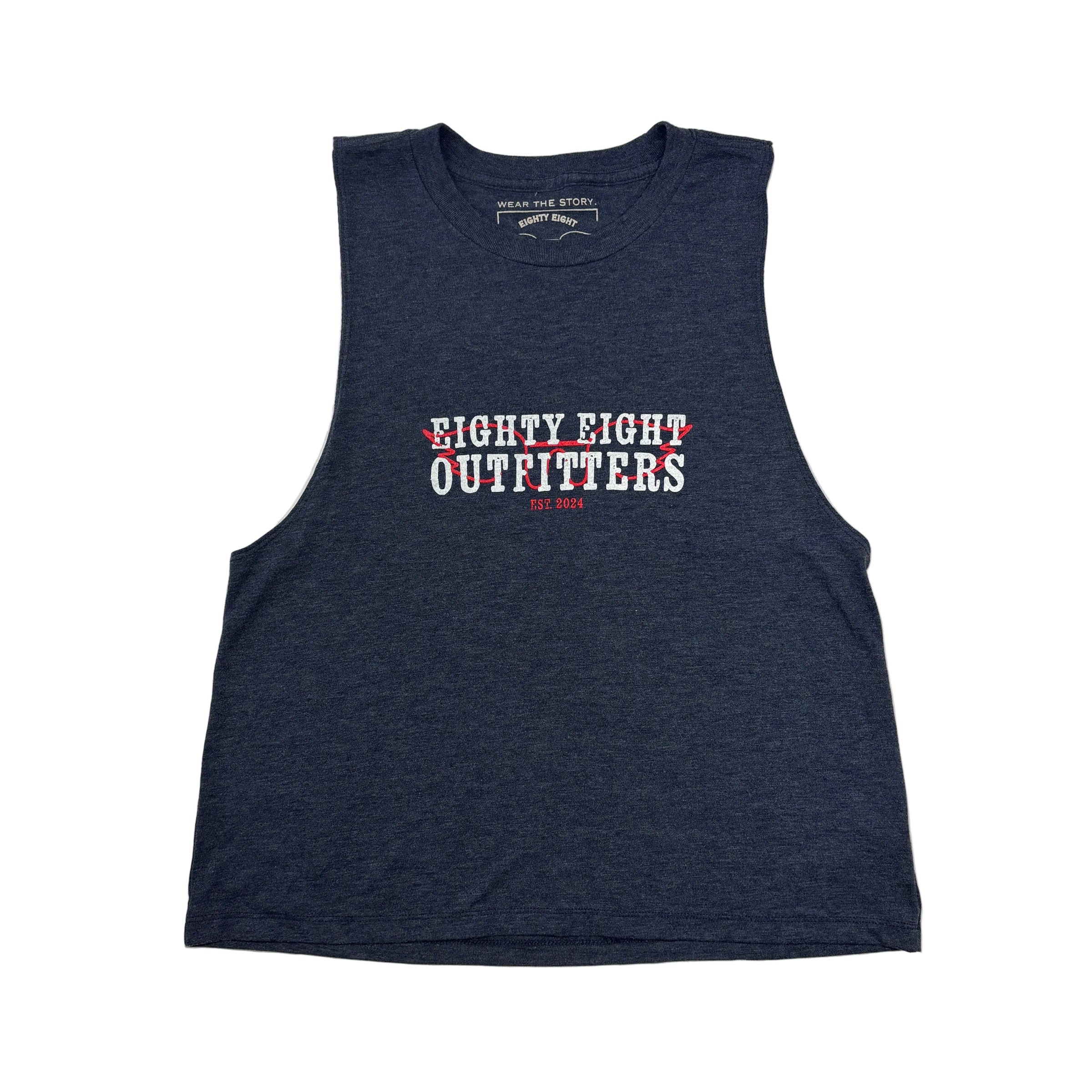 Navy sleeveless shirt with 'Eighty Eight Outfitters' text on a light gray background