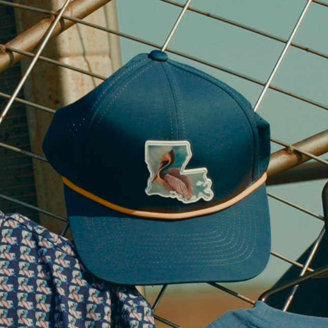 blue hat with rubber pelican patch