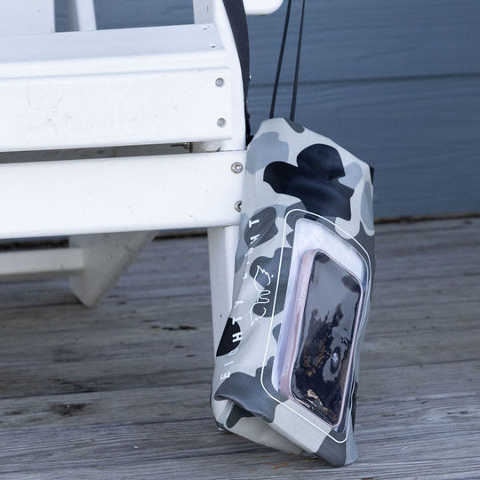 camo dry bag hanging on chair
