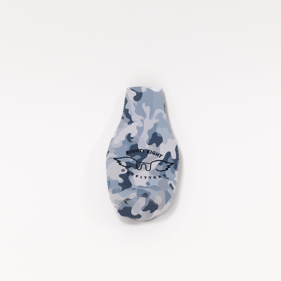 Blue camouflage-patterned sock on a white background
