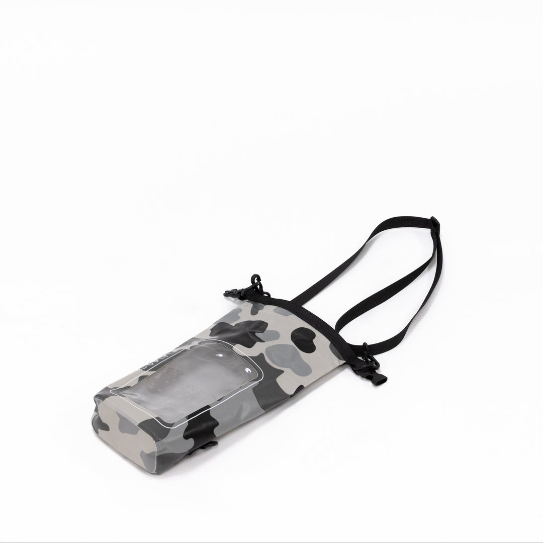 white and grey camo drybag on white background