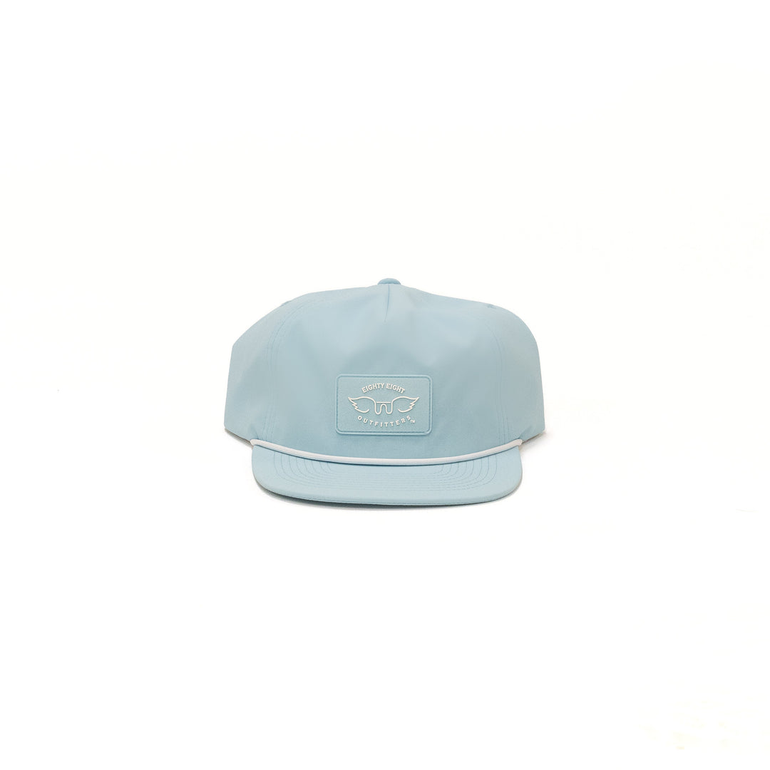 Light blue cap with a logo on a white background