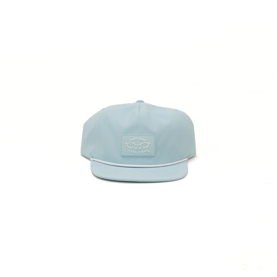 Light blue cap with a logo on a white background